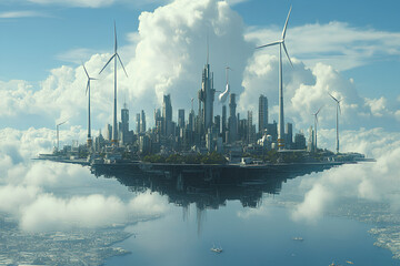 Floating city with wind turbines