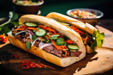 A sub sandwich with salami, cheese, lettuce, and tomatoes, cucumbers on a wooden cutting board.