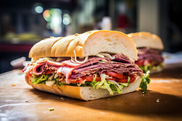 A sub sandwich with salami, cheese, lettuce, and tomatoes, cucumbers on a wooden cutting board.