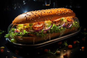 A sub sandwich with salami, cheese, lettuce, and tomatoes, cucumbers on a wooden cutting board.