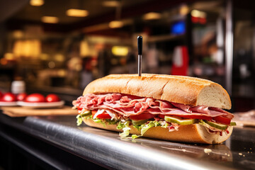 A sub sandwich with salami, cheese, lettuce, and tomatoes, cucumbers on a wooden cutting board.