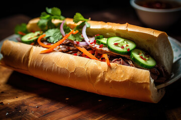 A sub sandwich with salami, cheese, lettuce, and tomatoes, cucumbers on a wooden cutting board.