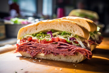 A sub sandwich with salami, cheese, lettuce, and tomatoes, cucumbers on a wooden cutting board.