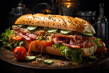 A sub sandwich with salami, cheese, lettuce, and tomatoes, cucumbers on a wooden cutting board.