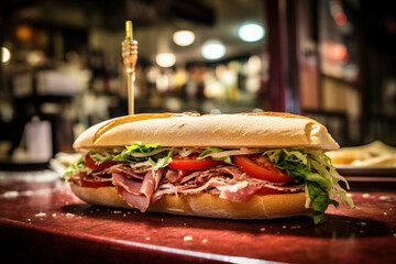 A sub sandwich with salami, cheese, lettuce, and tomatoes, cucumbers on a wooden cutting board.