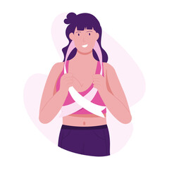 Patient woman with cancer ribbon, flat illustration 