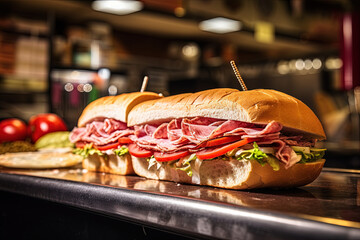 A sub sandwich with salami, cheese, lettuce, and tomatoes, cucumbers on a wooden cutting board.
