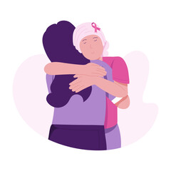 Girl giving consoling hug to cancer patient, flat illustration 