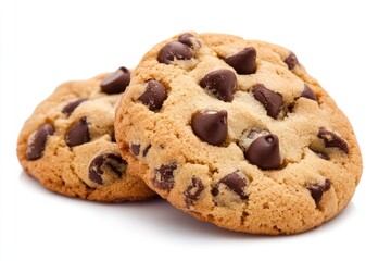 Two Close-Up Chocolate Chip Cookies Isolated on White Background