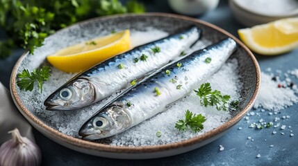 Dos anchoas frescas brillan sobre sal blanca en un plato hondo, evocando la tranquilidad del mar.