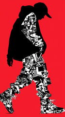 Full-length Urban Character in Streetwear Composed of Overlapping Shapes and/or Letters That Create Depth, Texture and Movement