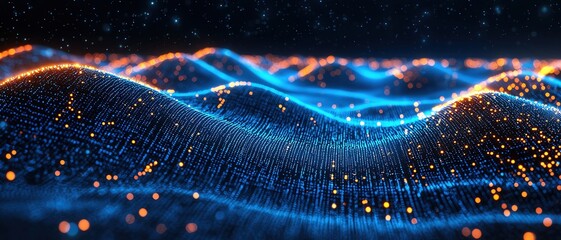 A wave of AIgenerated data points rippling through space, creating abstract waves of digital information