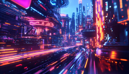 Fototapeta premium Bright, glowing neon signs in various shapes and colors, with a futuristic, cyberpunk-style backdrop