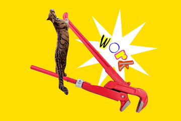 Photo cartoon comics sketch collage picture of wild cat working adjustable wrench isolated yellow...