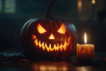 Fototapeta premium A carved pumpkin with a menacing grin sits beside a flickering candle, capturing the spooky essence of Halloween.