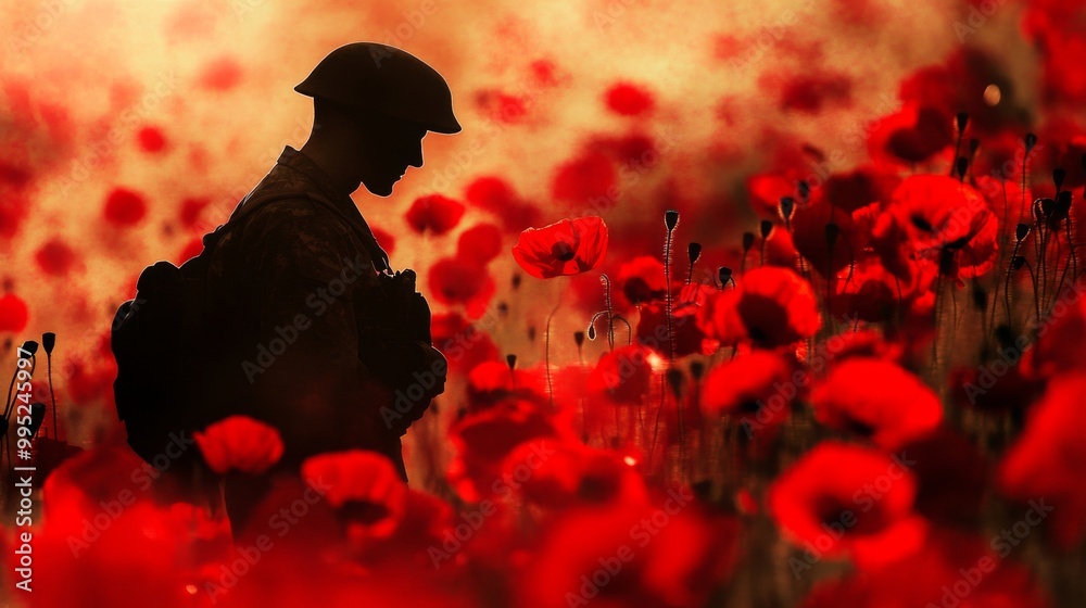 Sticker A soldier silhouette field of red poppies.