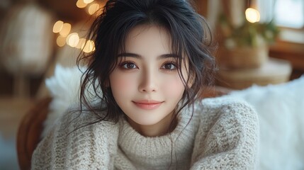 Beautiful Asian Woman with a Soft Smile in a Cozy Sweater