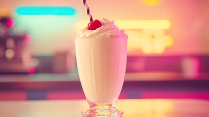 Classic milkshake with cherry topping and a straw in a glass on a counter with a pink and yellow background.