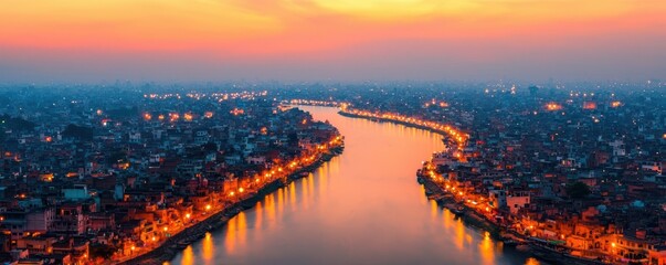 Fototapeta premium Aerial view of a city adorned with Diwali lights and decorations, Diwali element lights festivity, India and celebration