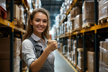 female warehouse worker showing thumbs up