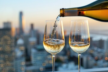 Obraz premium Pouring two glasses of white wine from a bottle with a city skyline view and copyspace