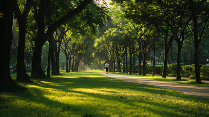 Obraz premium A jogger taking in the fresh air and taking in a contemplative moment in a verdant park.