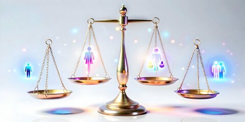 Floating Holographic Balance Scales Surrounded by Glowing Human Rights Symbols on Clean White Background - Medium Shot for Photo Stock Concept
