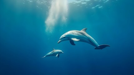 Playful Mother Dolphin Bonding with Her Calf in the Deep Blue Ocean Undersea Scene of Graceful Aquatic Mammals Swimming in Peaceful Serene Marine Environment