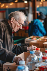 An older man is volunteering at the local community center, organizing the food and water that has been donated into boxes.