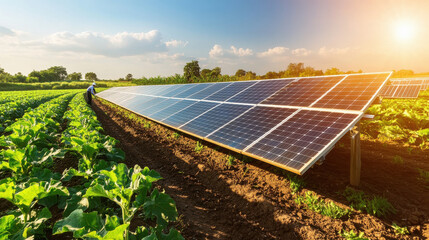 solar panels with green plants at agricultural field