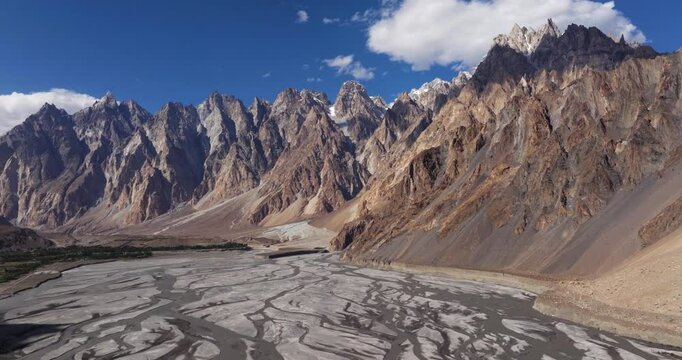 Sliding Shot Above Hunza River, Passu Cones Mountains in Gojal Valley, Pakistan