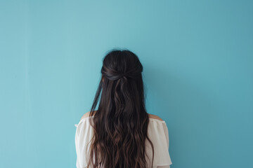 Fototapeta premium Back View of Asian Woman with Long Hair Against a Blue Pastel Background