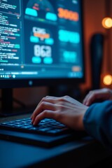 Focused hands typing on the keyboard, tracking real-time stock market data on the monitor.