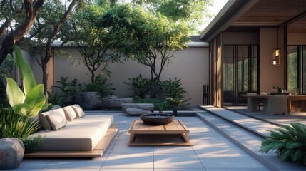 It offers a serene outdoor retreat with clean lines, modern furniture, and potted plants.