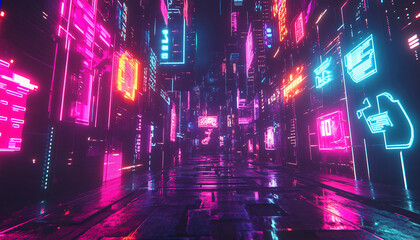 Obraz premium Bright, glowing neon signs in various shapes and colors, with a futuristic, cyberpunk-style backdrop