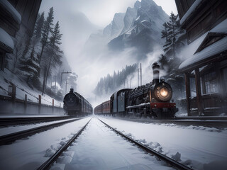 Classic Steam Train in Winter Forest with Alps View © z4bl3nk