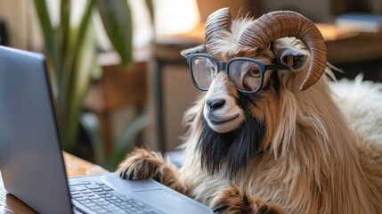 A goat wearing glasses typing on a laptop in an indoor workspace during daylight hours