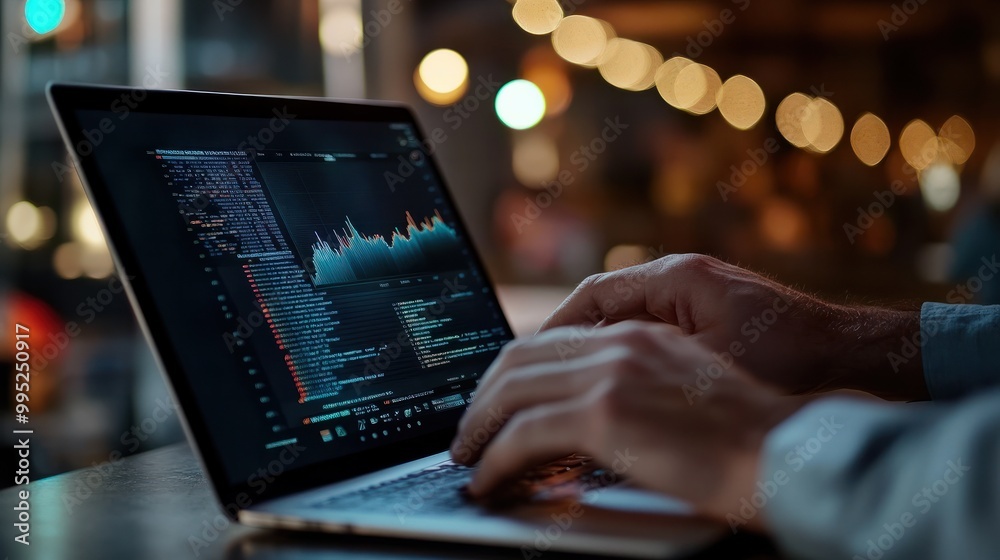 Poster man using laptop data analysis focusing on growing sales graph business data analytics concept busin