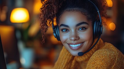  Happy african American woman working remotely on a virtual video team meeting call, remote work and flexible culture concept. Inclusive and diverse workplace. DEI remote working. 