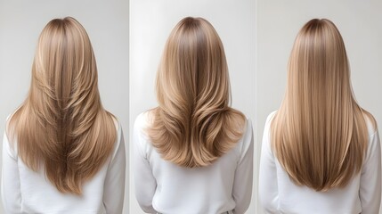 Fototapeta premium Showcase of an Elegant and Stylish Long Layered Hairstyle Captured from the Front Side and Back Angles to Highlight the Movement Texture and Visual Appeal