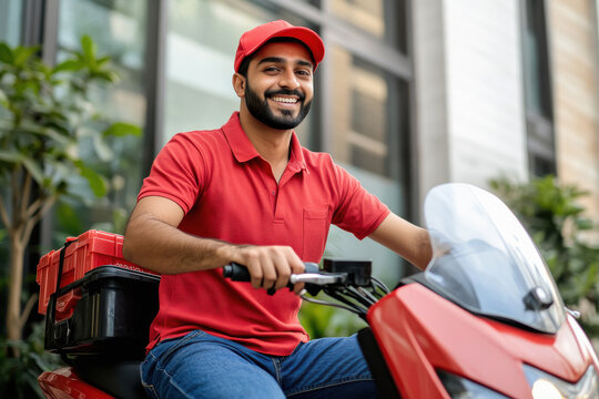 Indian delivery boy riding motorcycle