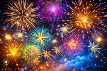 Naklejka premium Festive Happy New Year Background with Colorful Fireworks and Sparkling Stars in Night Sky