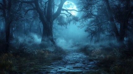 Mysterious forest with a moonlit path fog and a Halloween backdrop hint