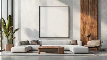Contemporary interior with blank wall poster above sleek furniture, warm lighting, and wood accents. Modern design mock-up.