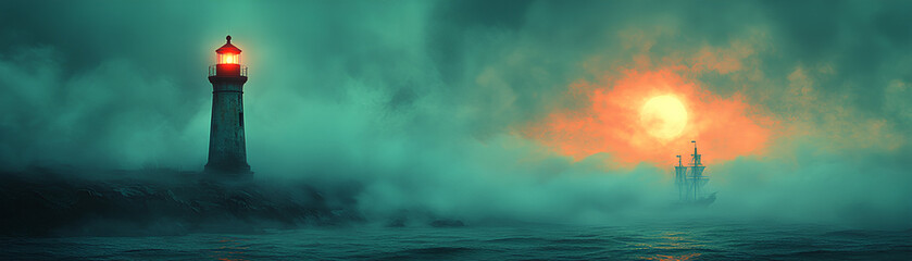 Haunted lighthouse, guiding a ghostly pirate ship, eerie glow, Watercolor style