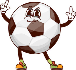 Soccer ball groovy character. Isolated cartoon vector retro sport personage with happy face and raised fingers, captures the joy and excitement of football game, showcasing a sporty and funky vibe © Vector Tradition
