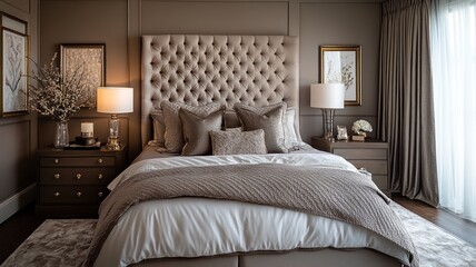 Elegant bedroom with plush decor and soft lighting.