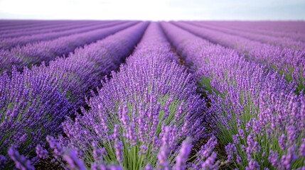 Naklejka premium A field of purple lavender flowers in rows, stretching out to the horizon under a clear sky.