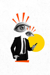 Vertical poster collage headless businessman caricature face fragment eye vision sight eyeball peek...