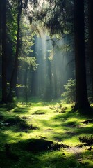 60. A tranquil forest clearing with sunlight filtering through the trees